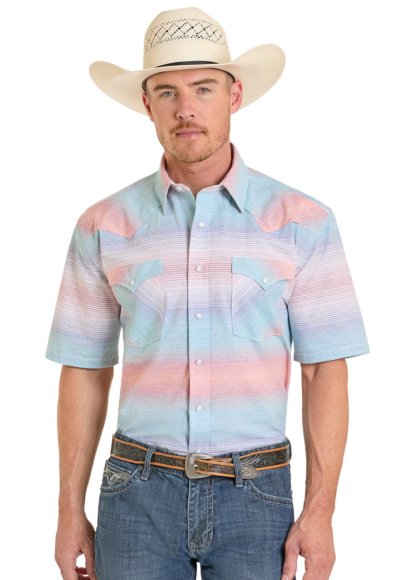 Man wearing a colorful short-sleeve shirt and cowboy hat on a white background