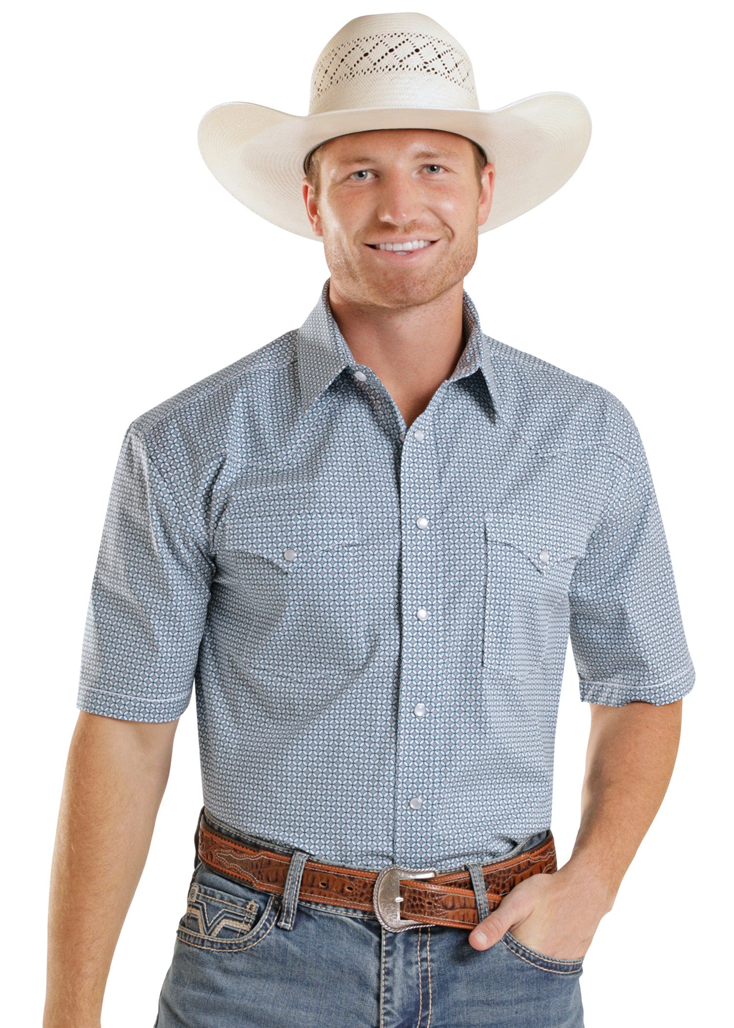 Man wearing a checkered shirt, cowboy hat, and jeans on a white background