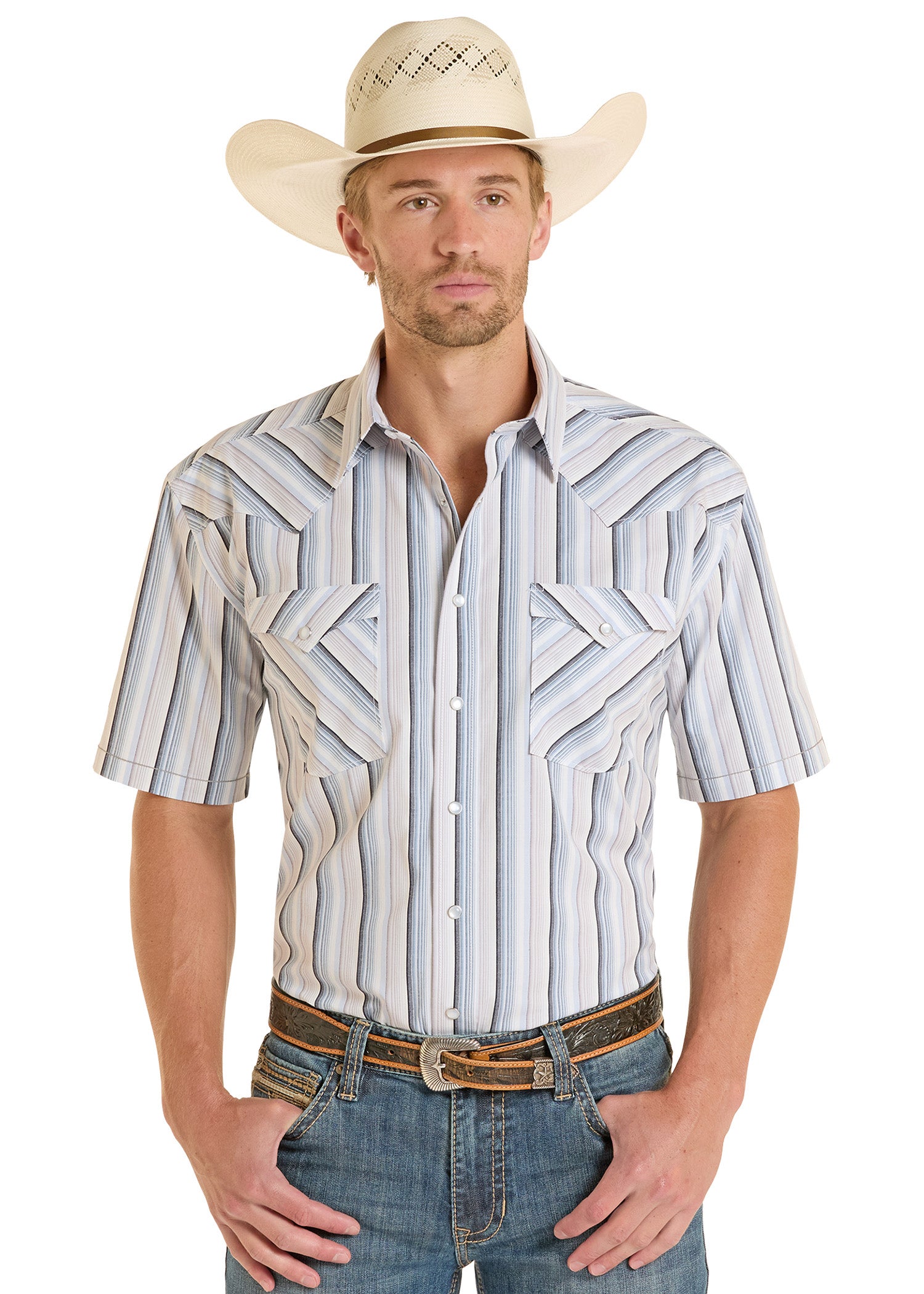 Man wearing a striped short-sleeve shirt, jeans, and a cowboy hat on a white background