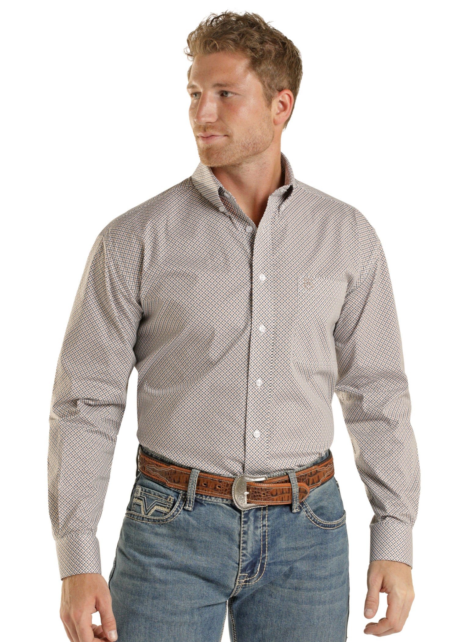 Man wearing a patterned gray shirt and jeans on a white background