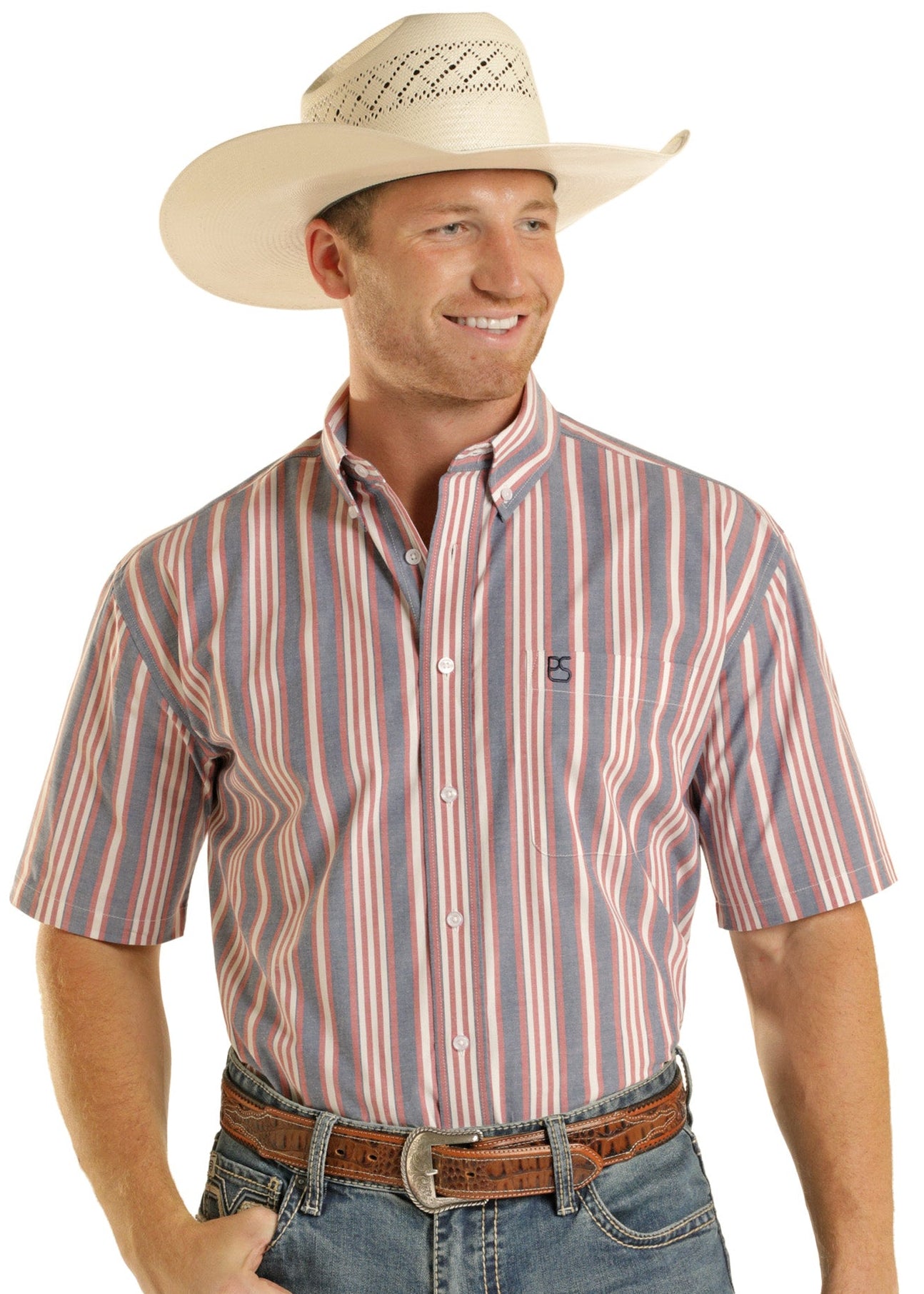 Man wearing a striped shirt, cowboy hat, and jeans on a white background
