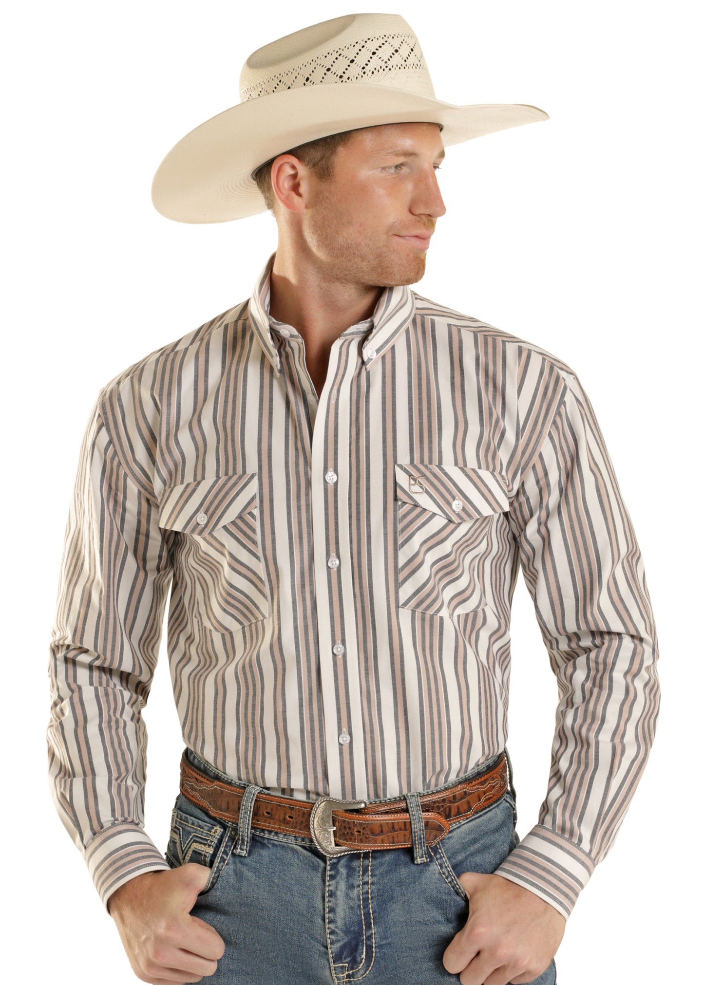 Man wearing a striped cowboy shirt, jeans, and a cowboy hat on a white background