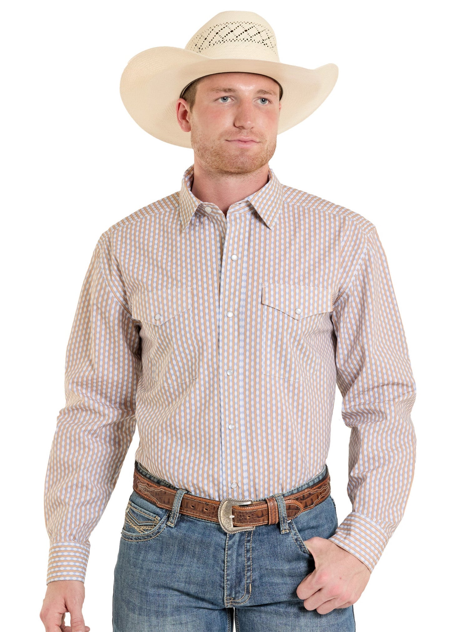 Man wearing a beige cowboy hat, patterned long-sleeve shirt, and jeans on a white background