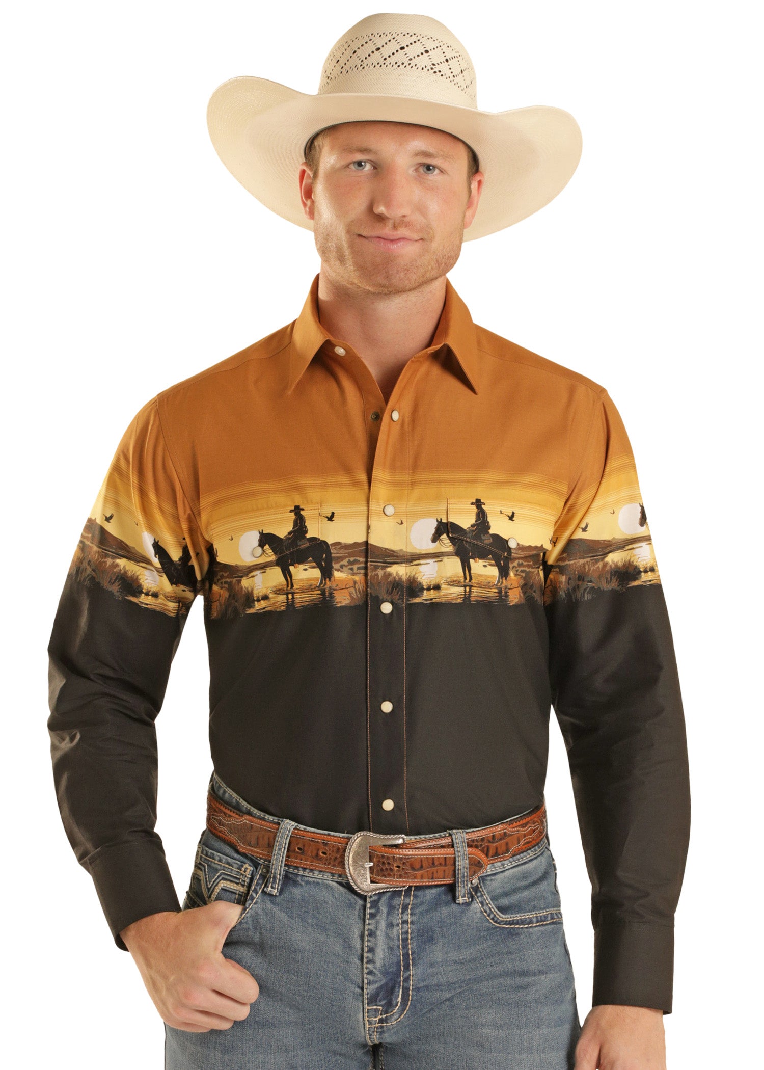 Man wearing a cowboy hat and a shirt with a sunset design on a white background
