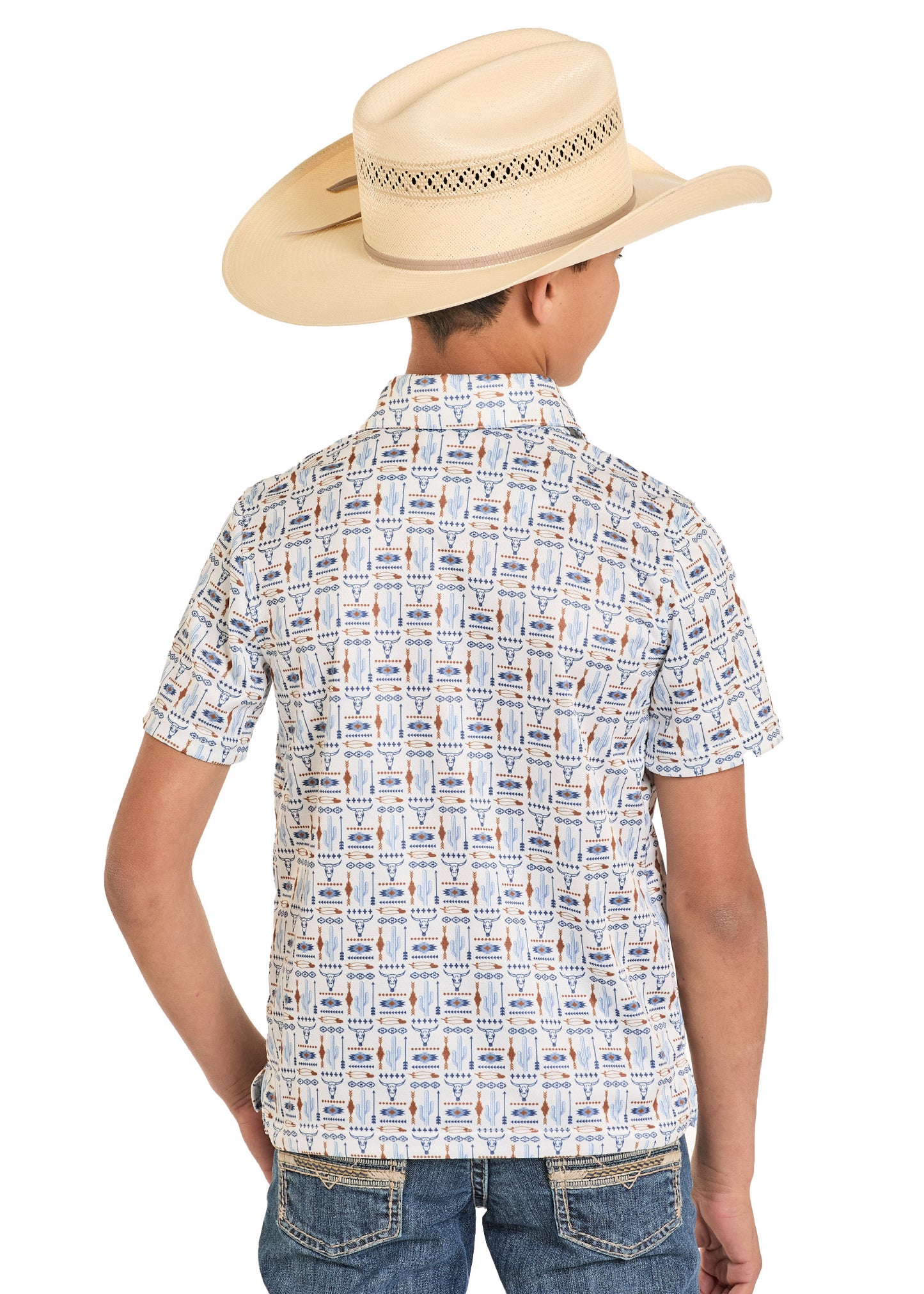 Child wearing a patterned shirt and cowboy hat on a white background