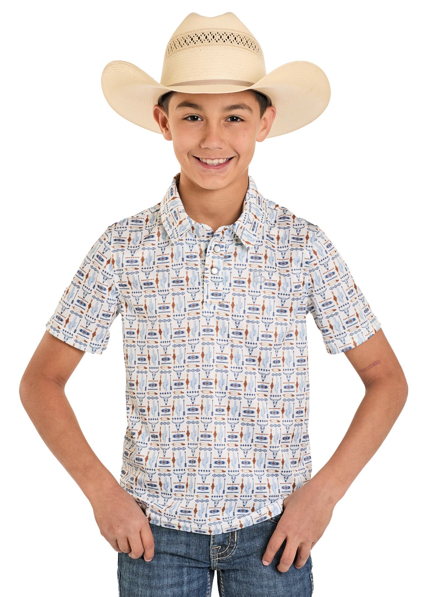 Child wearing a cowboy hat and patterned shirt on a white background