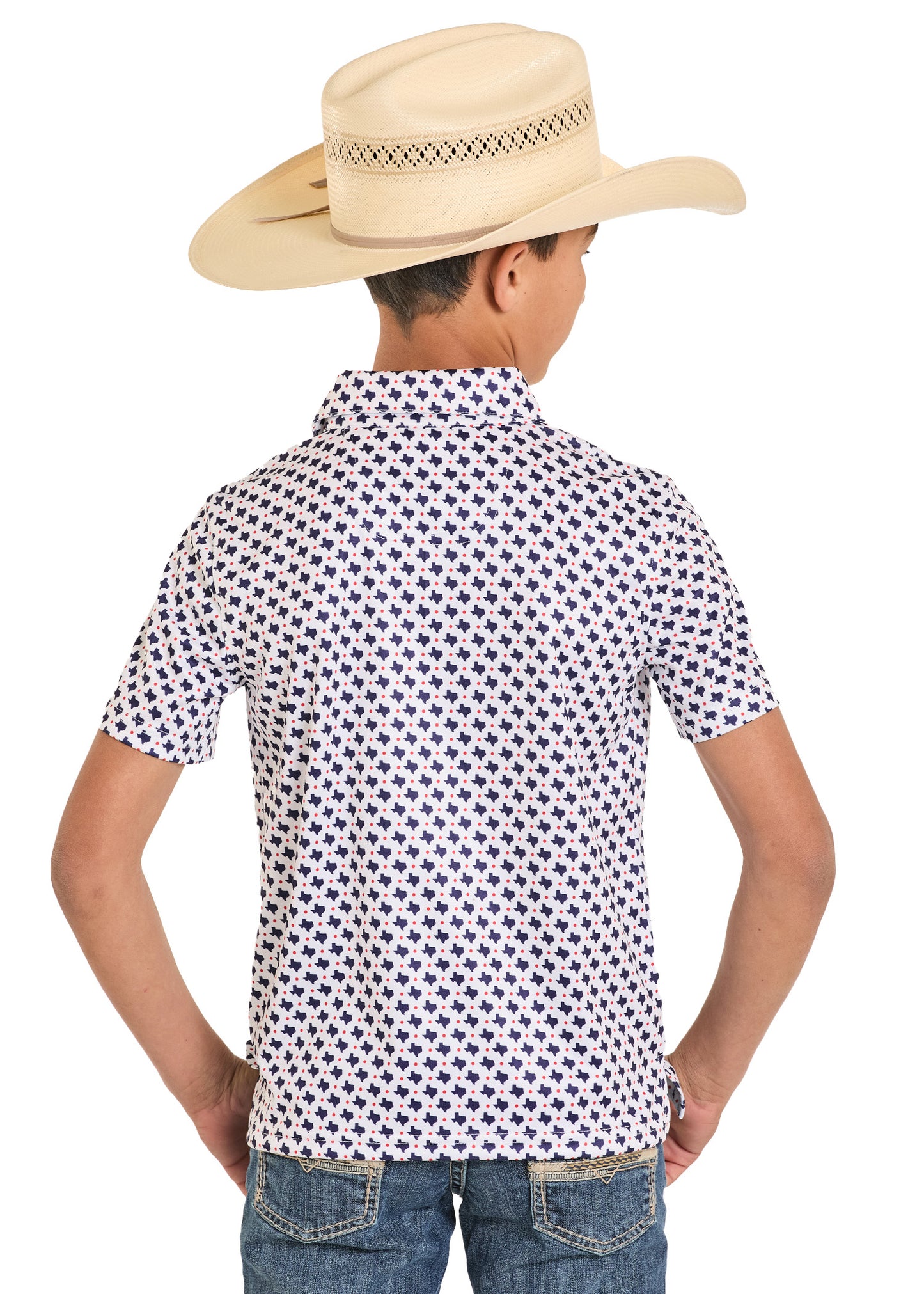 The back of a boy wearing a Texas print polo and a cowboy hat. 