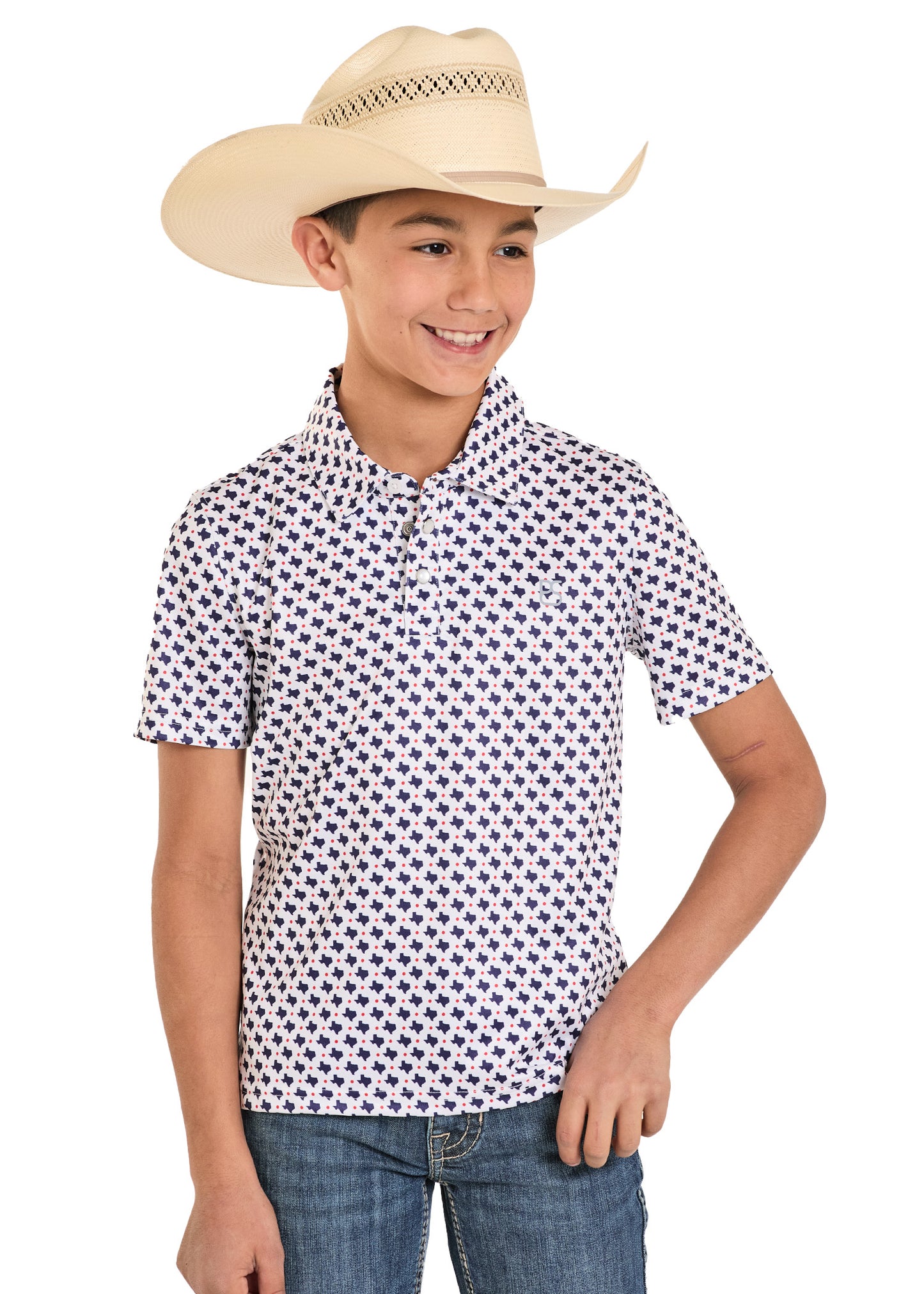 Boy wearing a Texas print polo and a cowboy hat.
