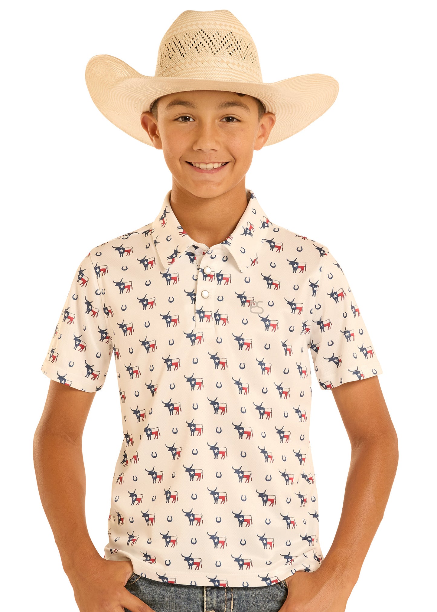 Child wearing a patterned shirt and cowboy hat on a white background