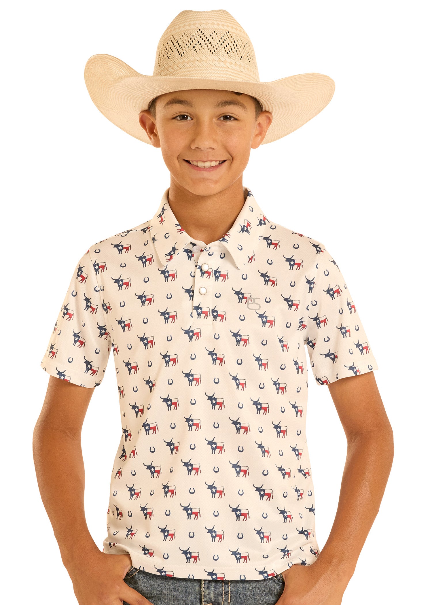 Child wearing a patterned shirt and cowboy hat on a white background