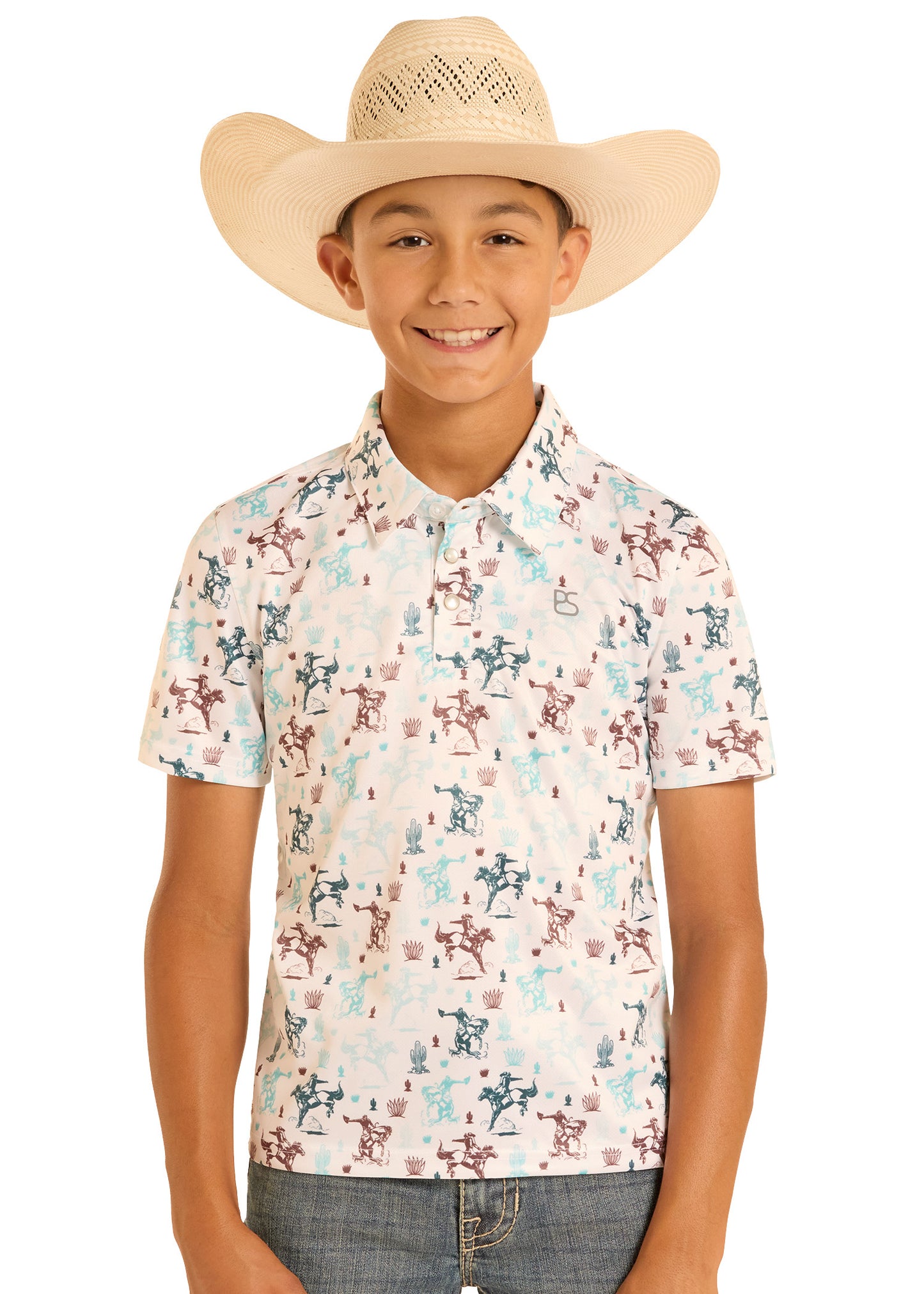 Child wearing a cowboy hat and patterned shirt on a white background