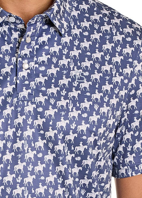 Man wearing a blue patterned shirt and black cowboy hat on a white background