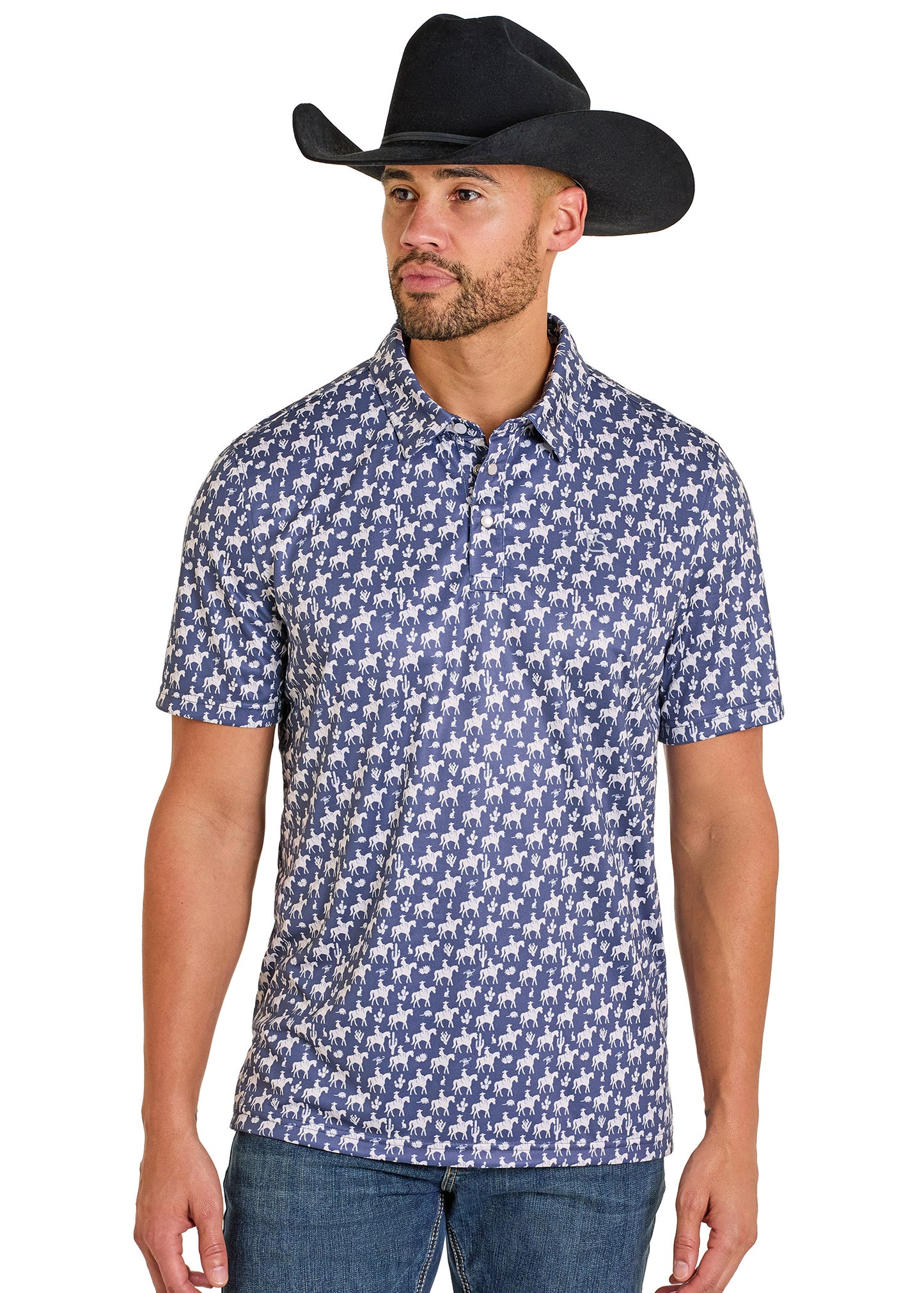 Man wearing a blue patterned shirt and black cowboy hat on a white background