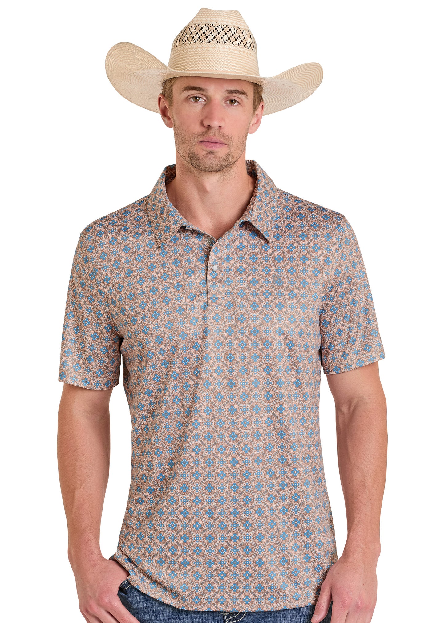 Man wearing a patterned polo shirt and cowboy hat on a white background