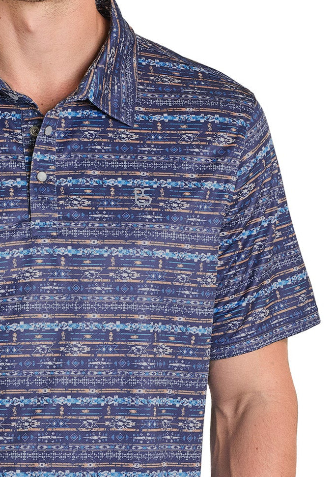 Man wearing a blue patterned polo shirt and cowboy hat on a white background