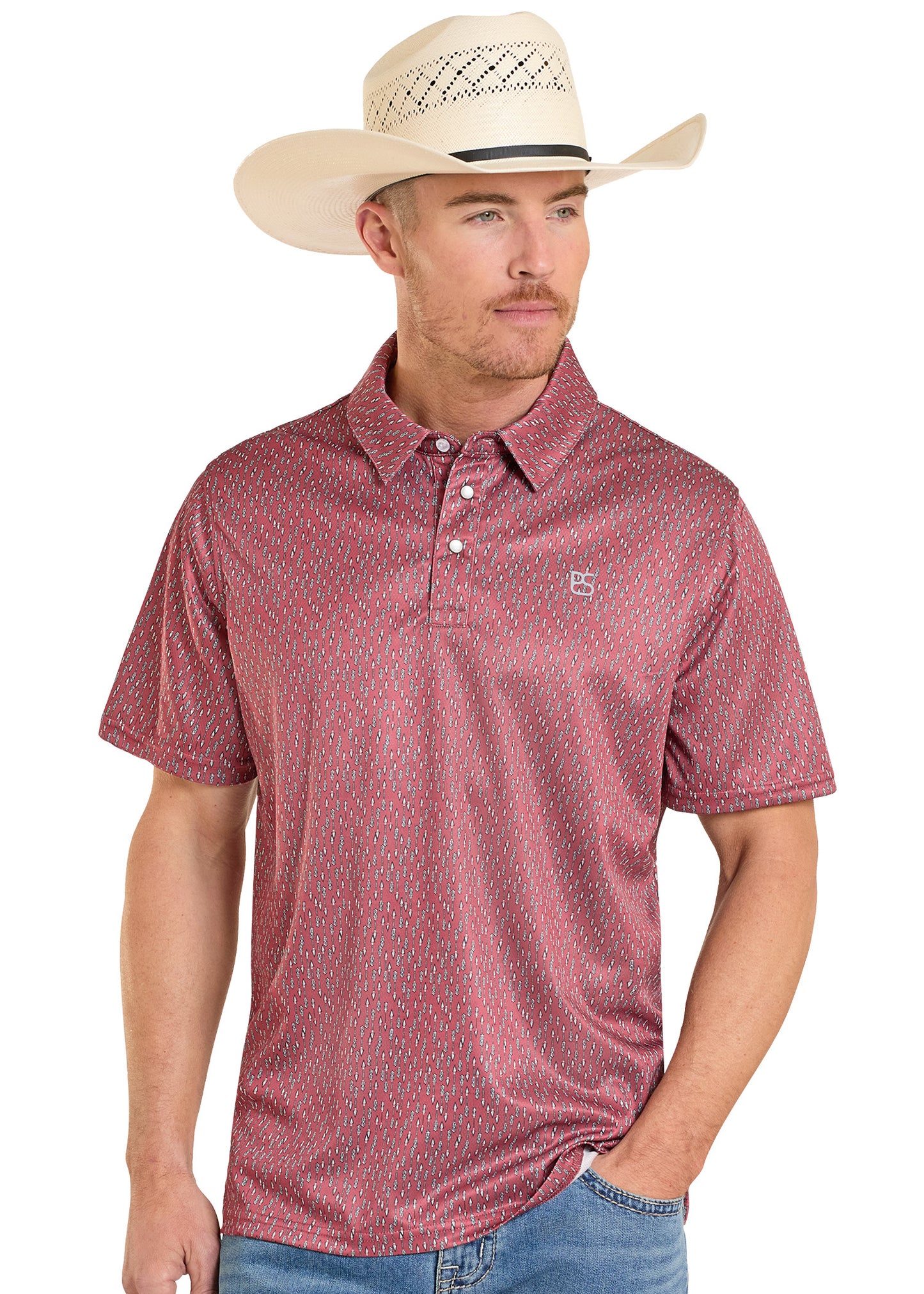 Man wearing a red patterned polo shirt and cowboy hat on a white background