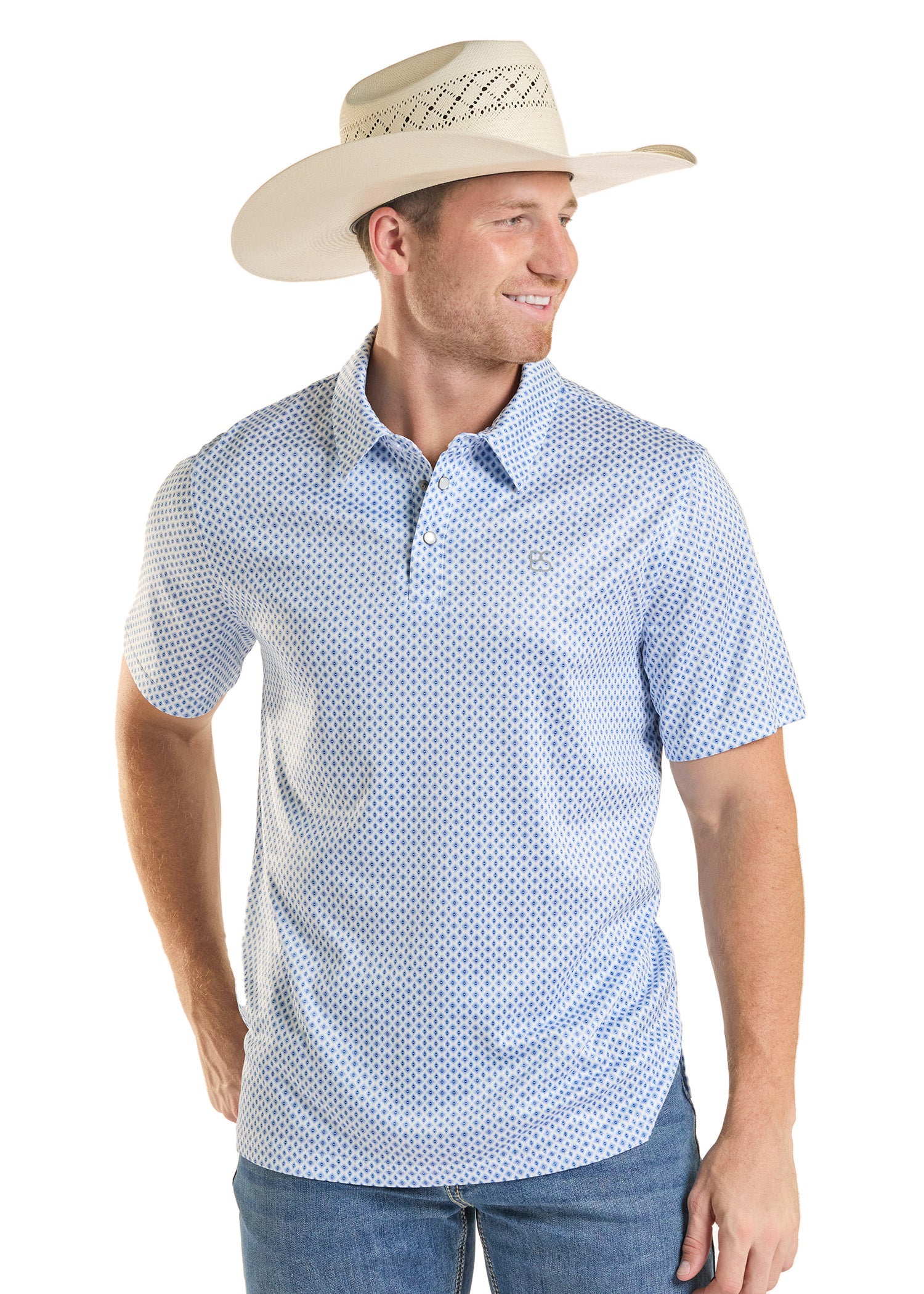 Man wearing a blue patterned shirt and beige cowboy hat on a white background