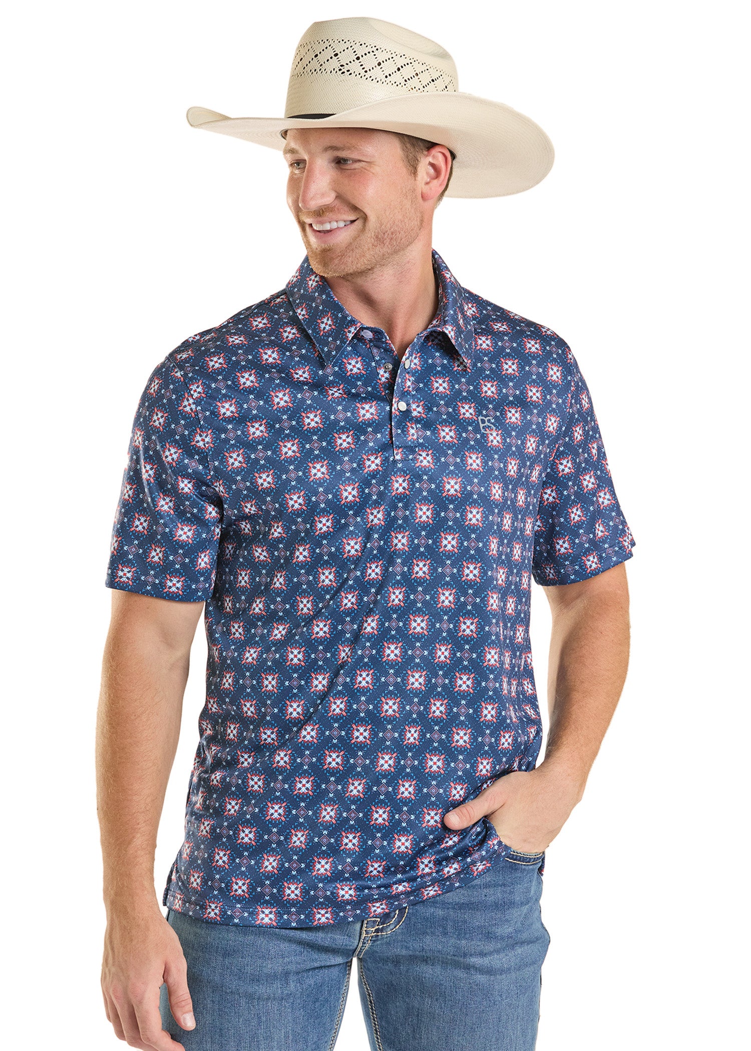 Man wearing a patterned shirt and cowboy hat on a white background