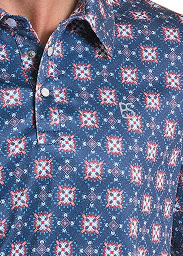 Detail shot of a performance polo with pearl snaps 