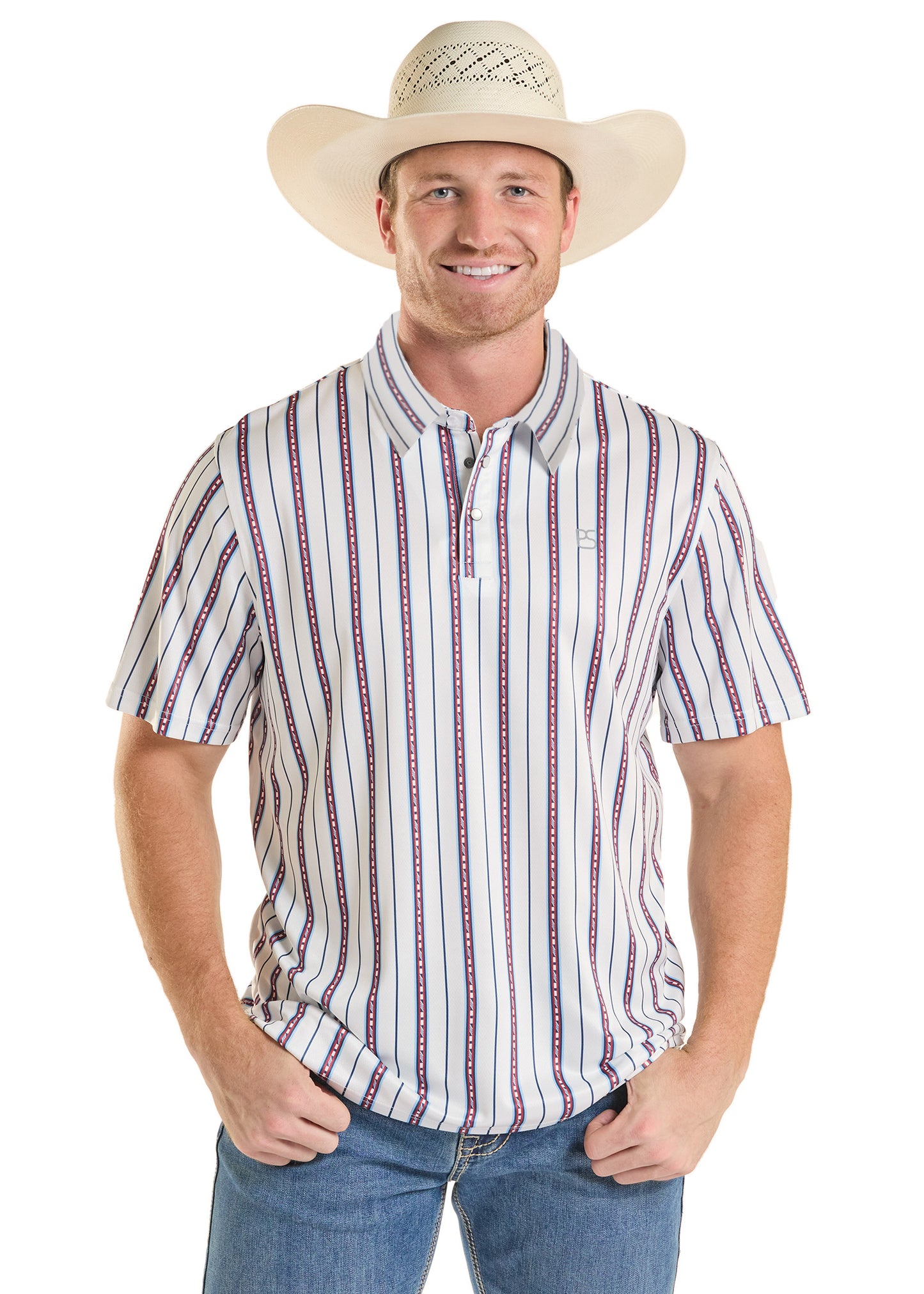 Man wearing a striped shirt and cowboy hat on a white background
