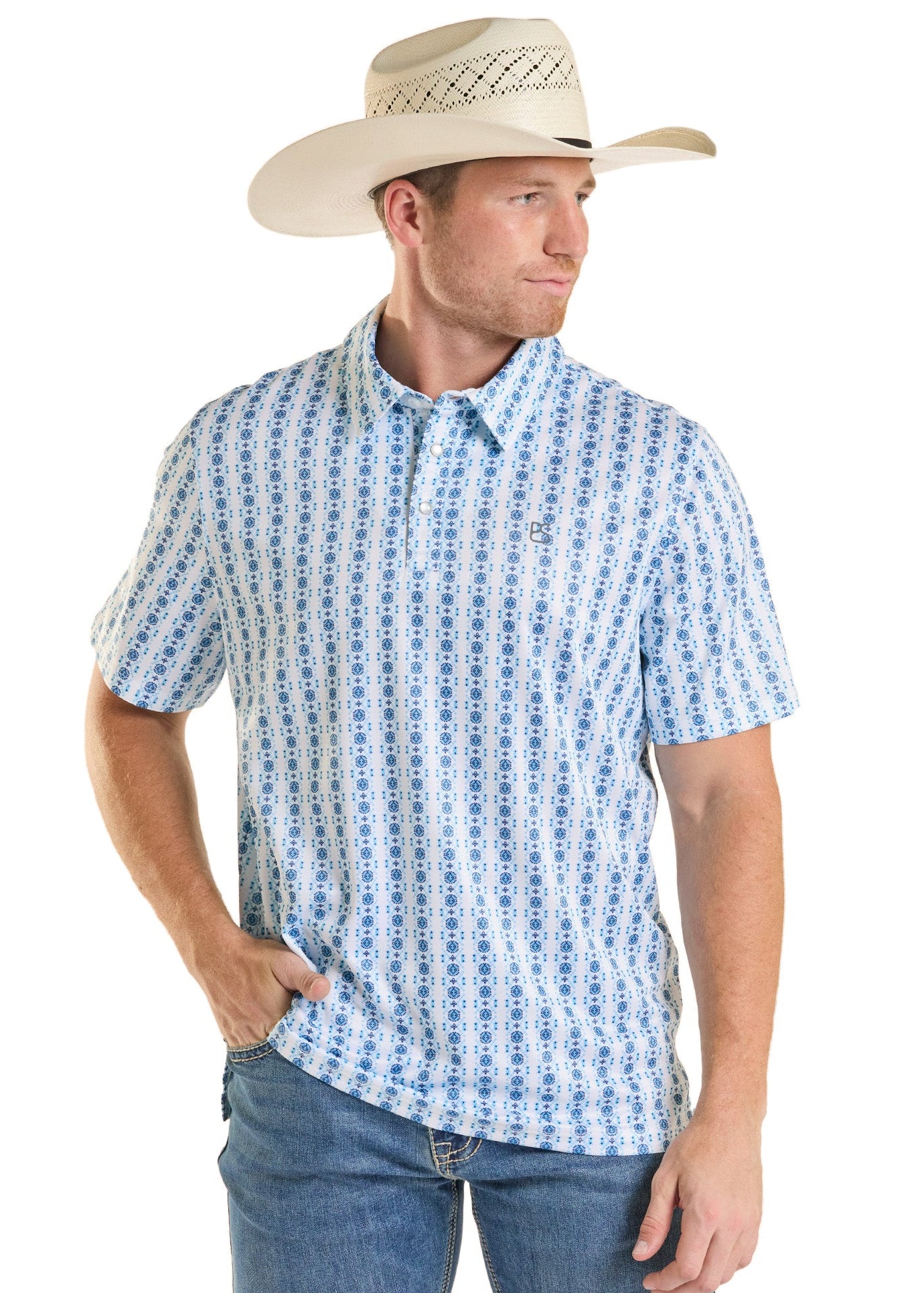 Man wearing a blue patterned shirt, jeans, and a straw hat on a white background