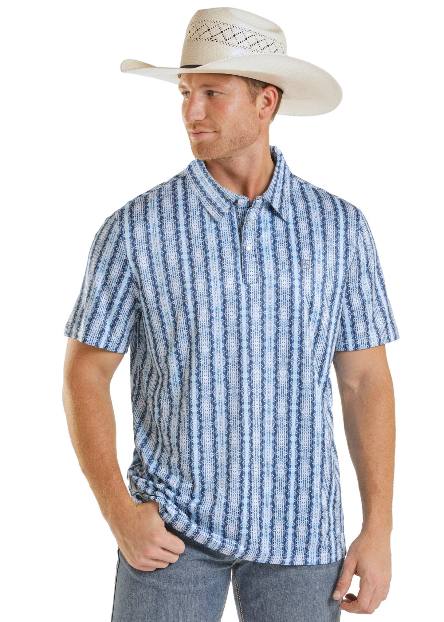 Man wearing a blue and white striped shirt with a cowboy hat on a white background