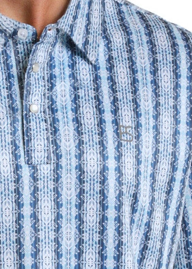 Close up of men's performance pearl snap polo