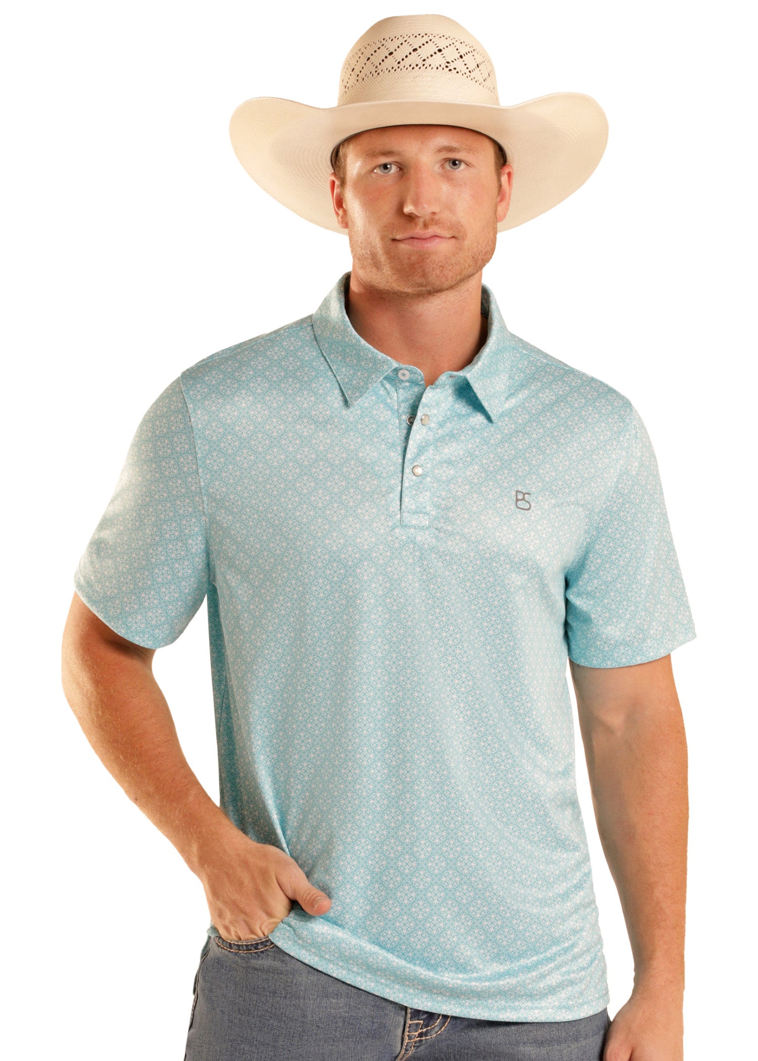 Man wearing a light blue patterned polo shirt and beige cowboy hat on a white background