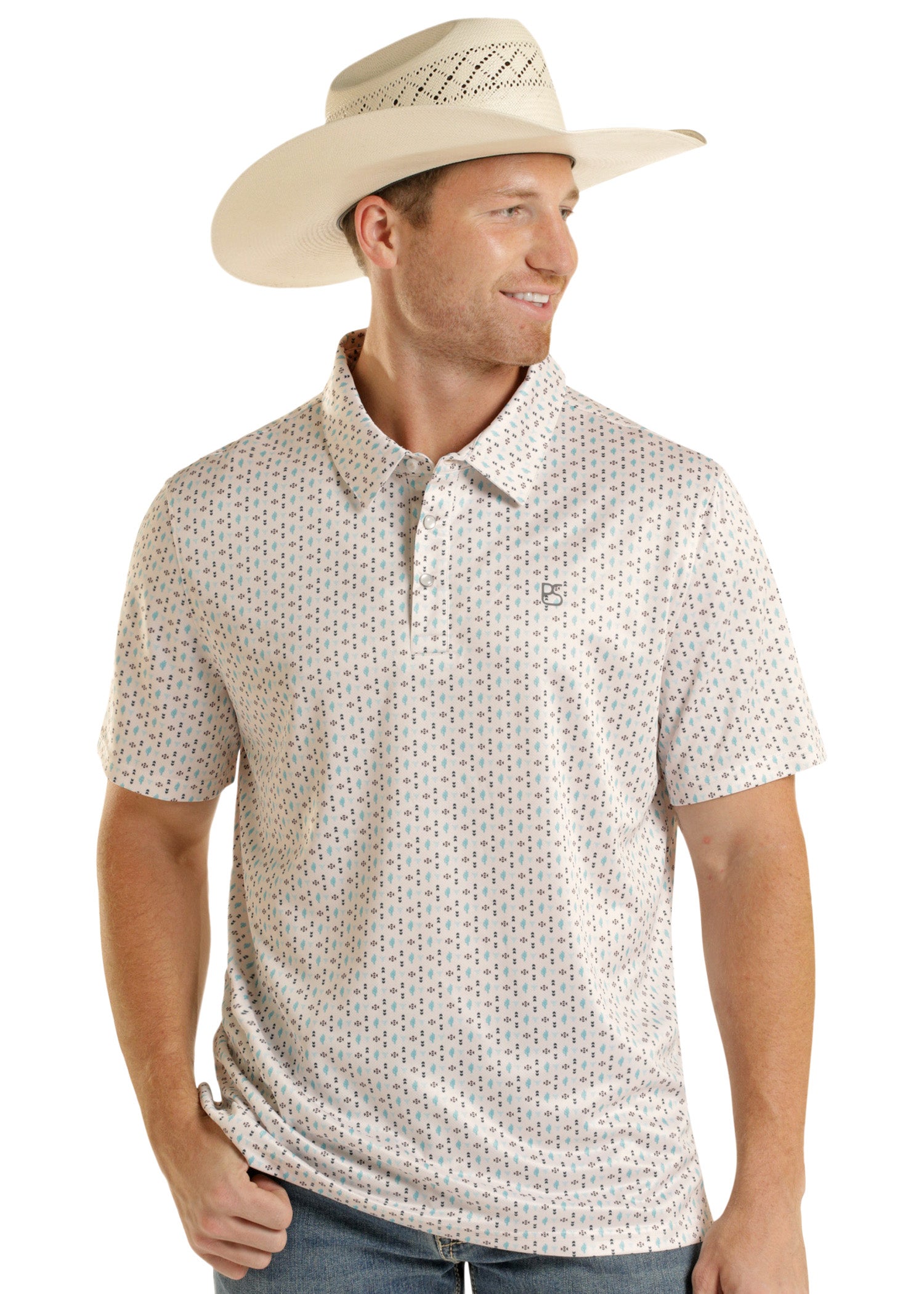 Man wearing a patterned polo shirt and cowboy hat on a white background