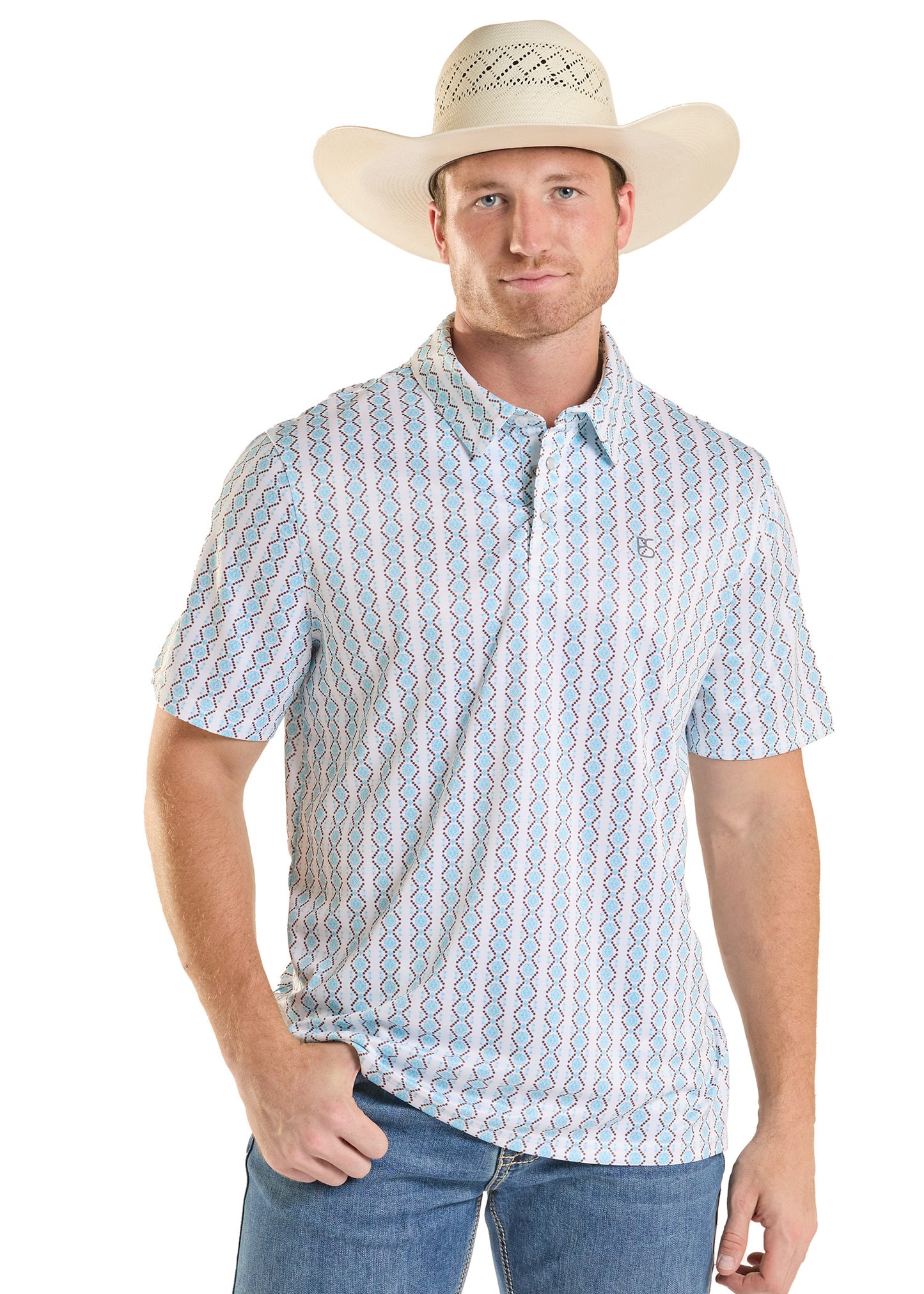 Man wearing a patterned short-sleeve shirt and cowboy hat on a white background
