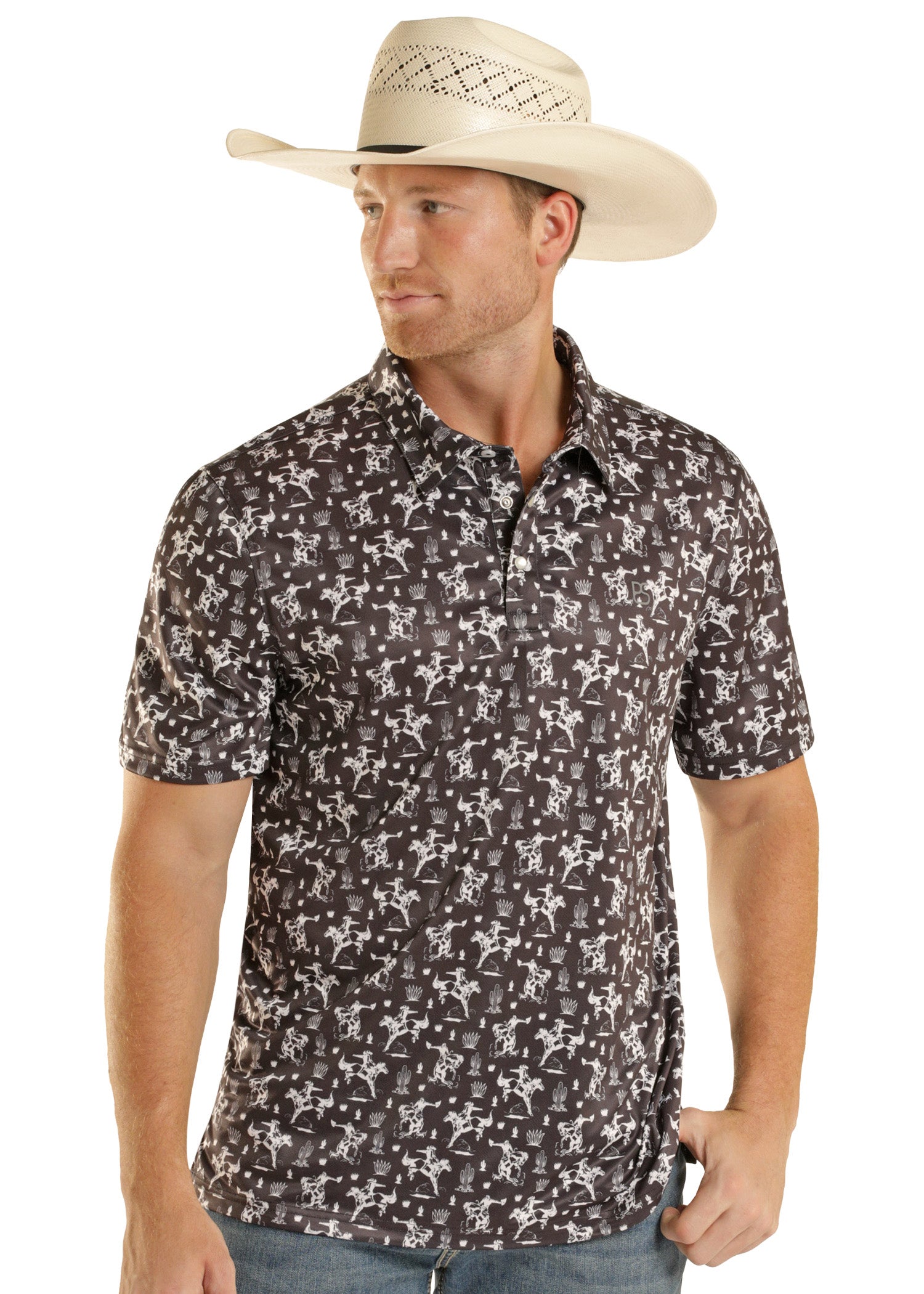 Man wearing a patterned shirt and cowboy hat on a white background