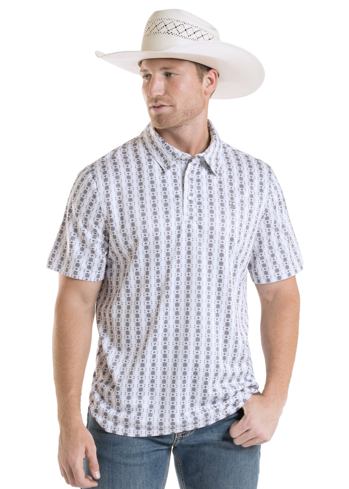 Man wearing a patterned short-sleeve shirt and white cowboy hat on a white background