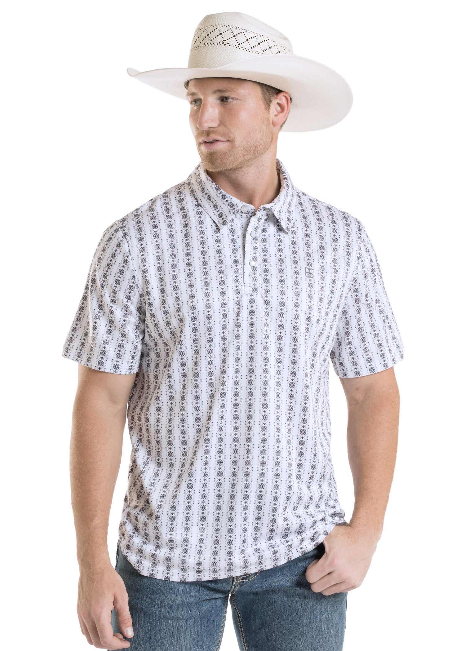 Man wearing a patterned short-sleeve shirt and white cowboy hat on a white background