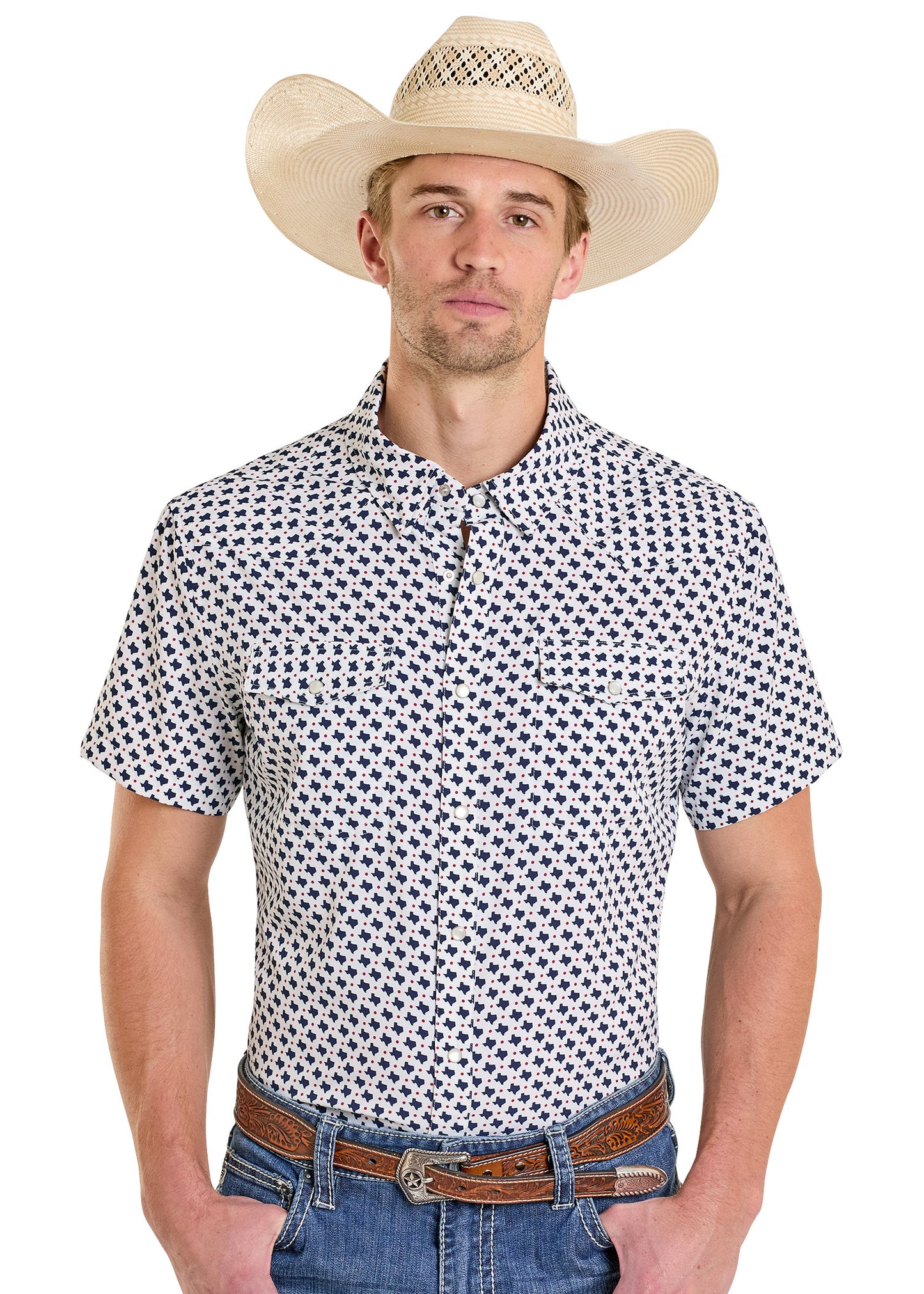 Man wearing a patterned shirt, cowboy hat, and jeans on a white background