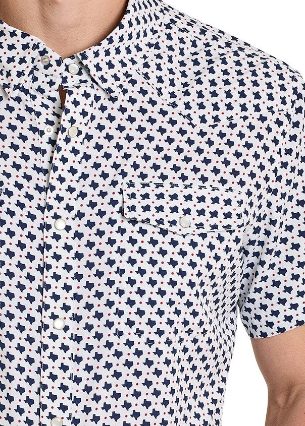 Close up of a men's pearl snap patterned shirt