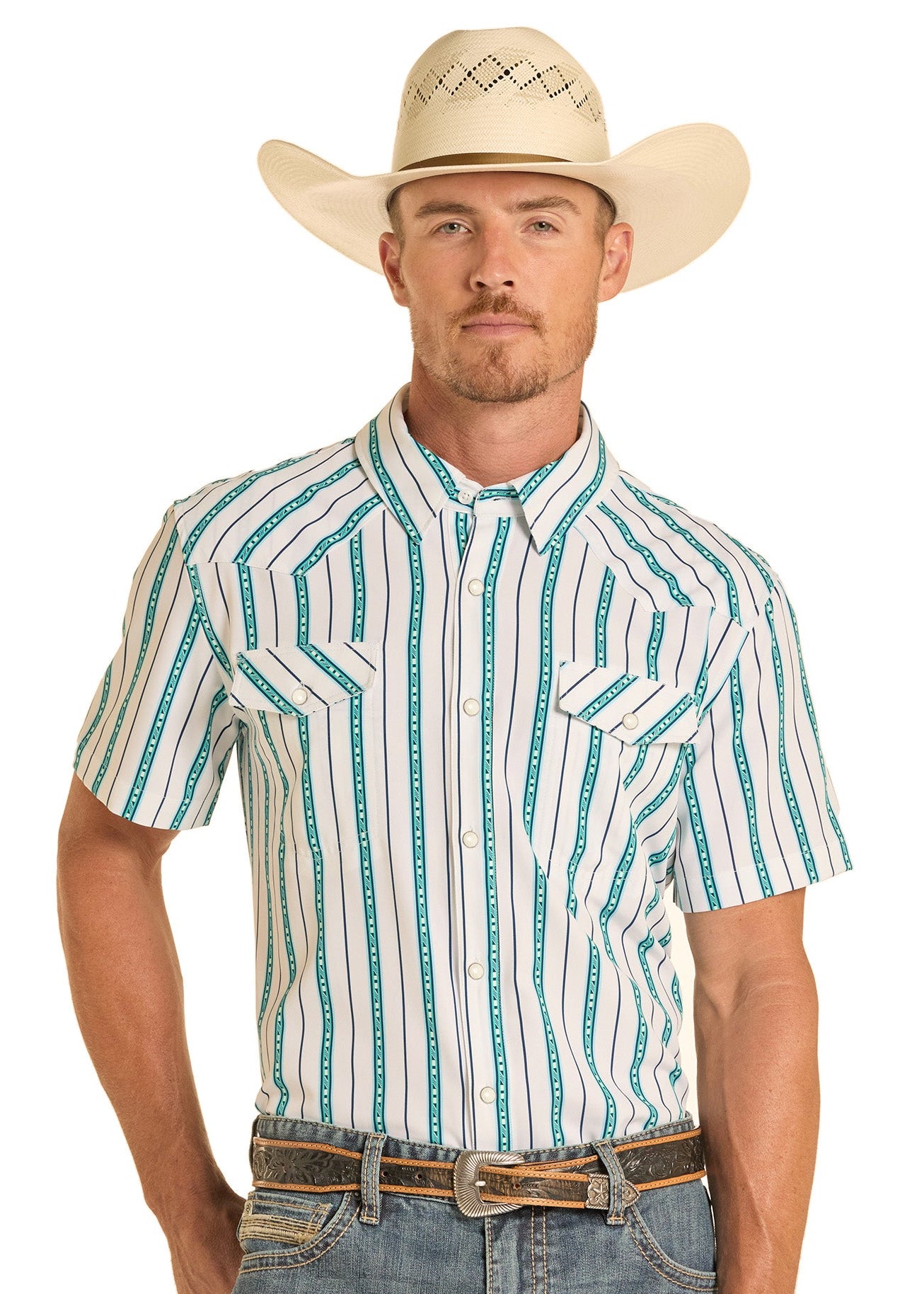 Man wearing a striped shirt, jeans, and a cowboy hat on a white background