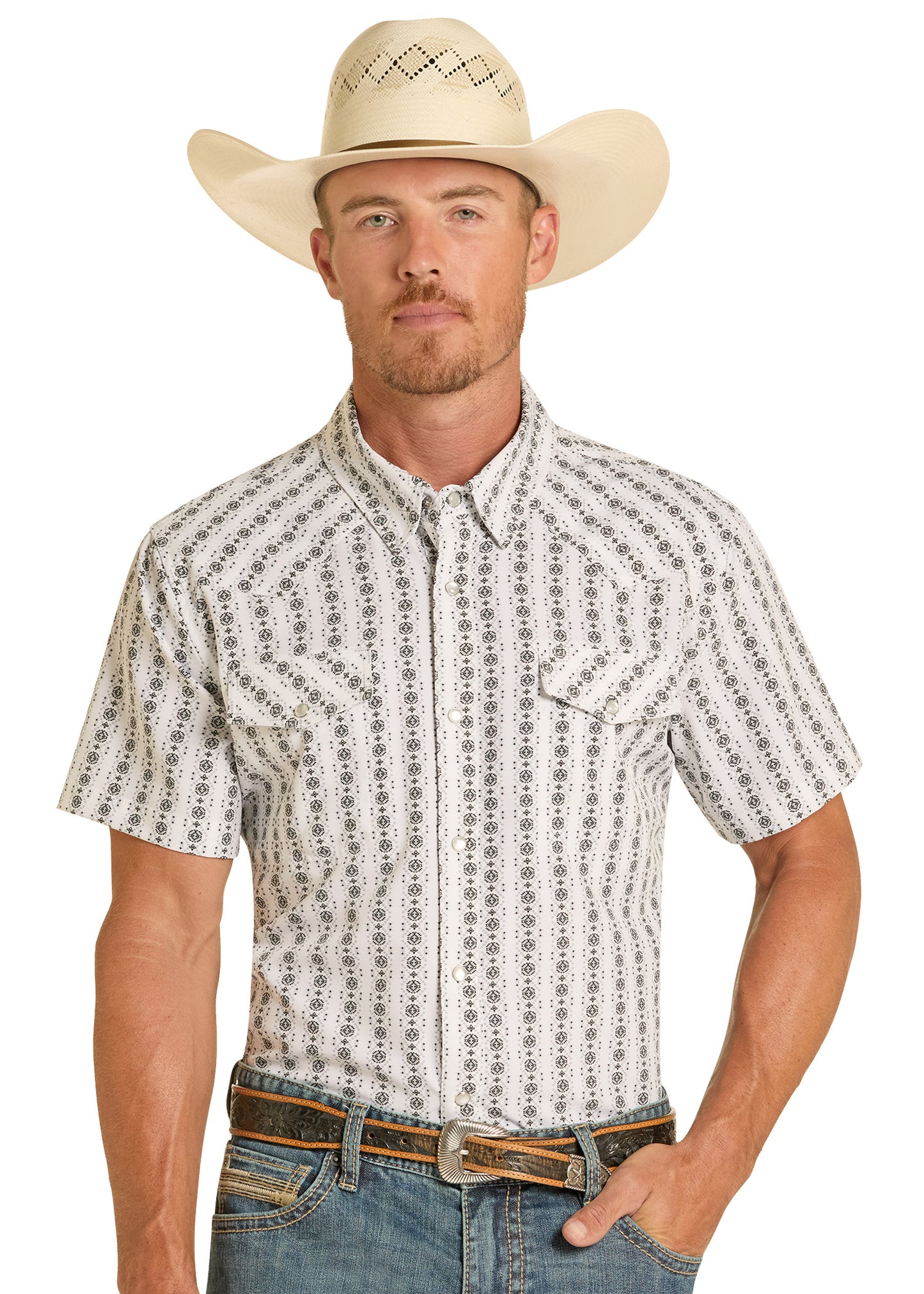 Man wearing a patterned short-sleeve shirt and cowboy hat on a white background