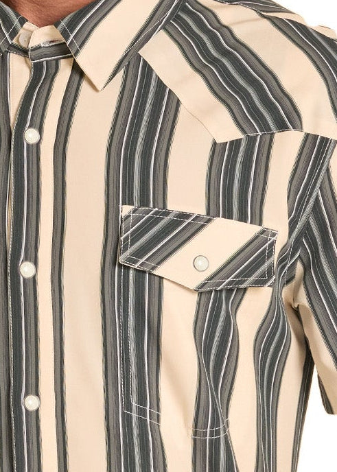 Detail shot of a Men's striped pearl snap