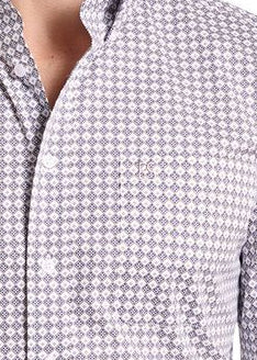 Close-up of a men's button-down shirt featuring a small geometric diamond pattern in gray and white.