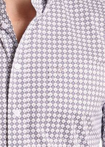 Close-up of a men's button-down shirt featuring a small geometric diamond pattern in gray and white.