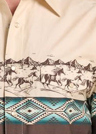 Detail of long-sleeve western-style snap shirt with a decorative band across the middle.