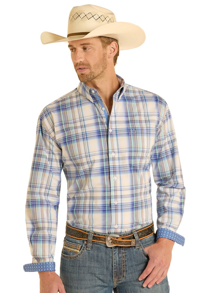 Man wearing a plaid shirt, jeans, and a cowboy hat on a white background